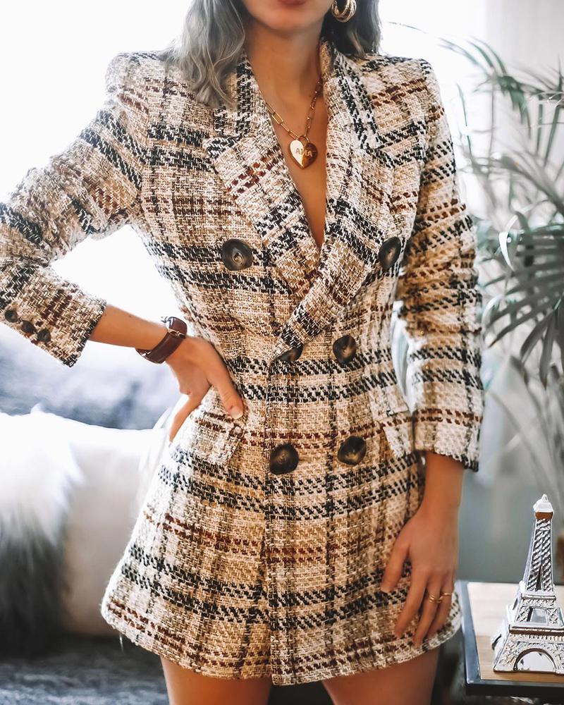 

Tweed Plaid Pattern Colorblock Double Breasted Blazer Dress, Beige
