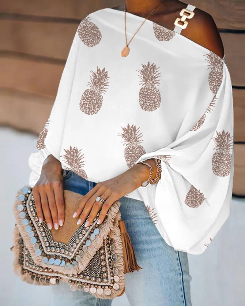 

Pineapple Print Chain Strap Cold Shoulder Lantern Sleeve Top, White