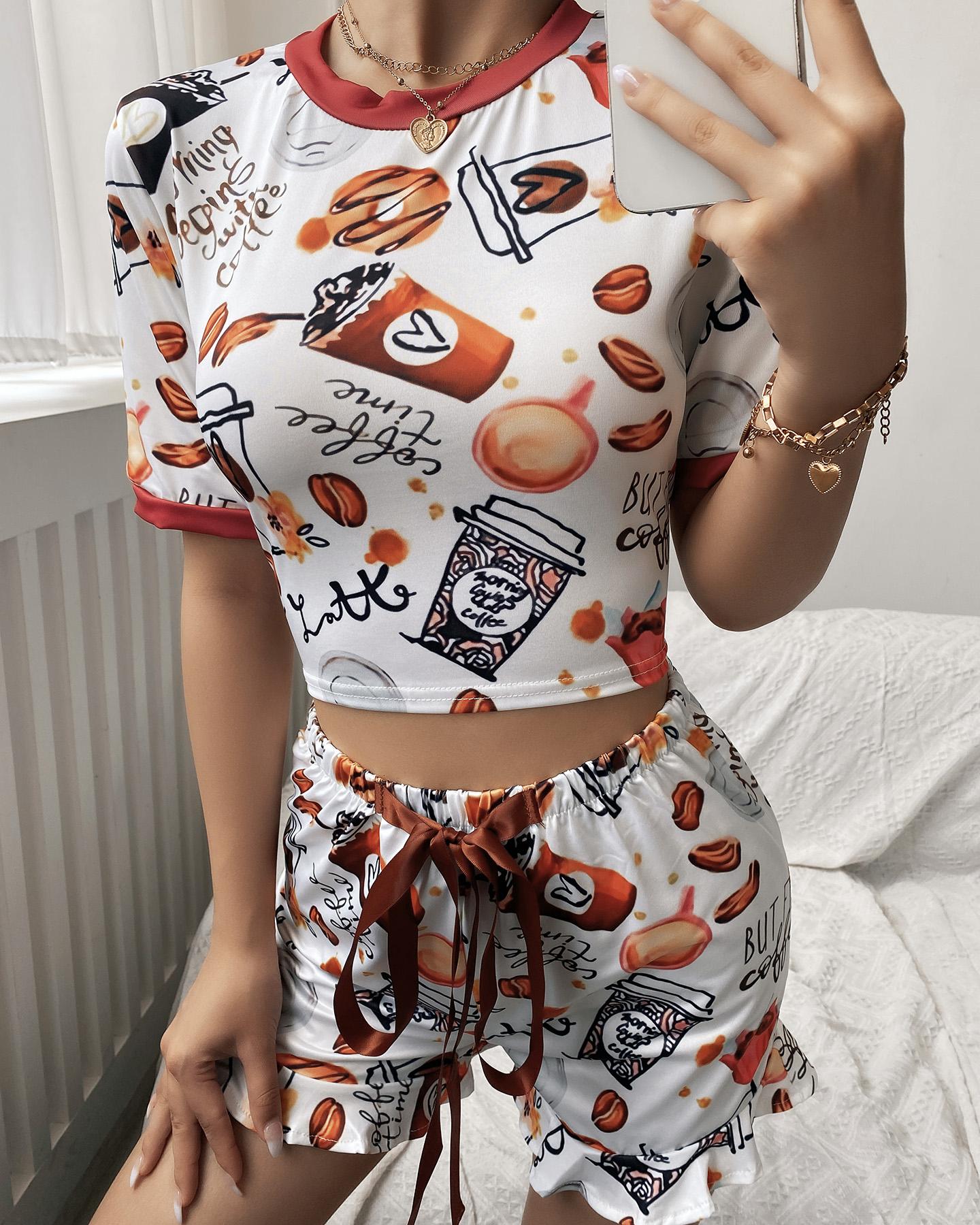 

Cartoon Print Frill Hem Top & Shorts Set, White