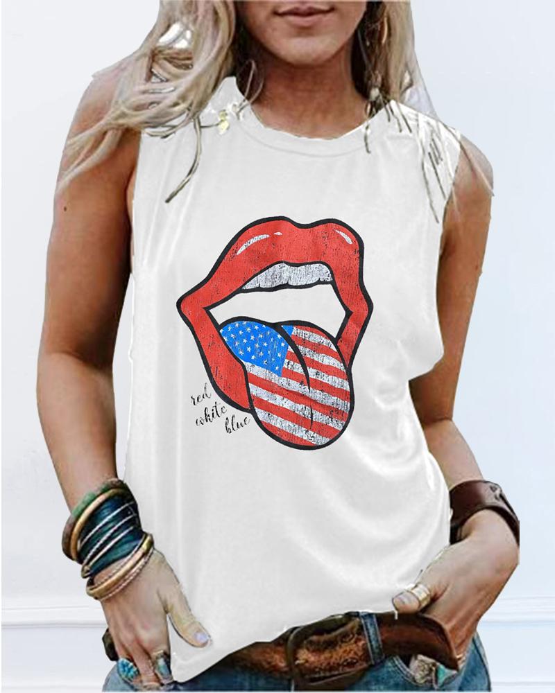 

Lip Flag Print Casual Tank Top, White