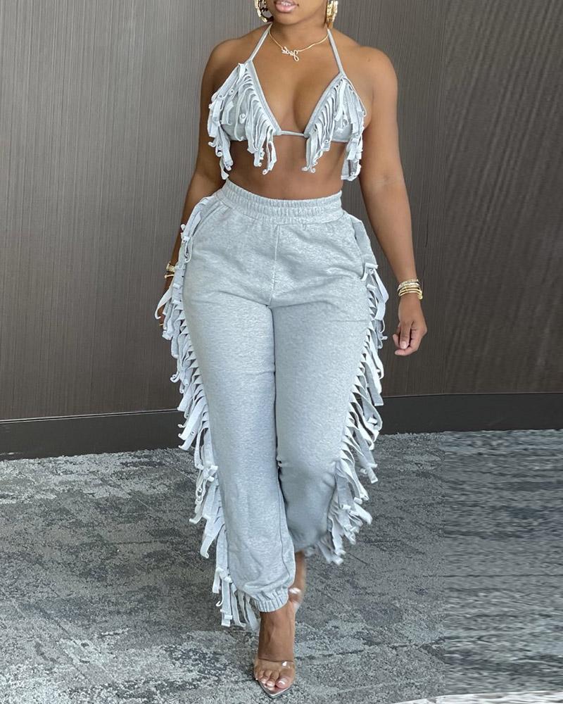 

Halter Fringe Backless Top & High Waist Pants Sets, Gray