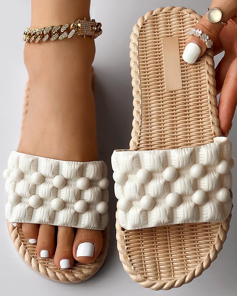 

Beaded Round Toe Summer Slippers, Beige