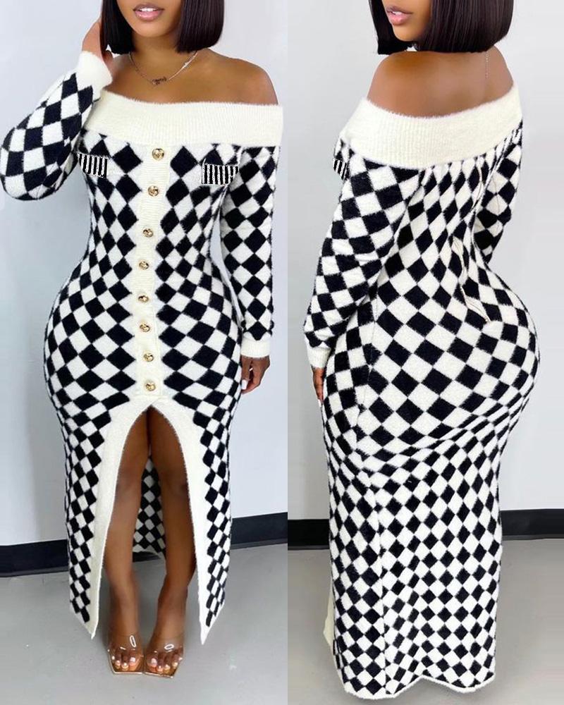 

Off Shoulder Argyle Print Slit Maxi Dress, Black