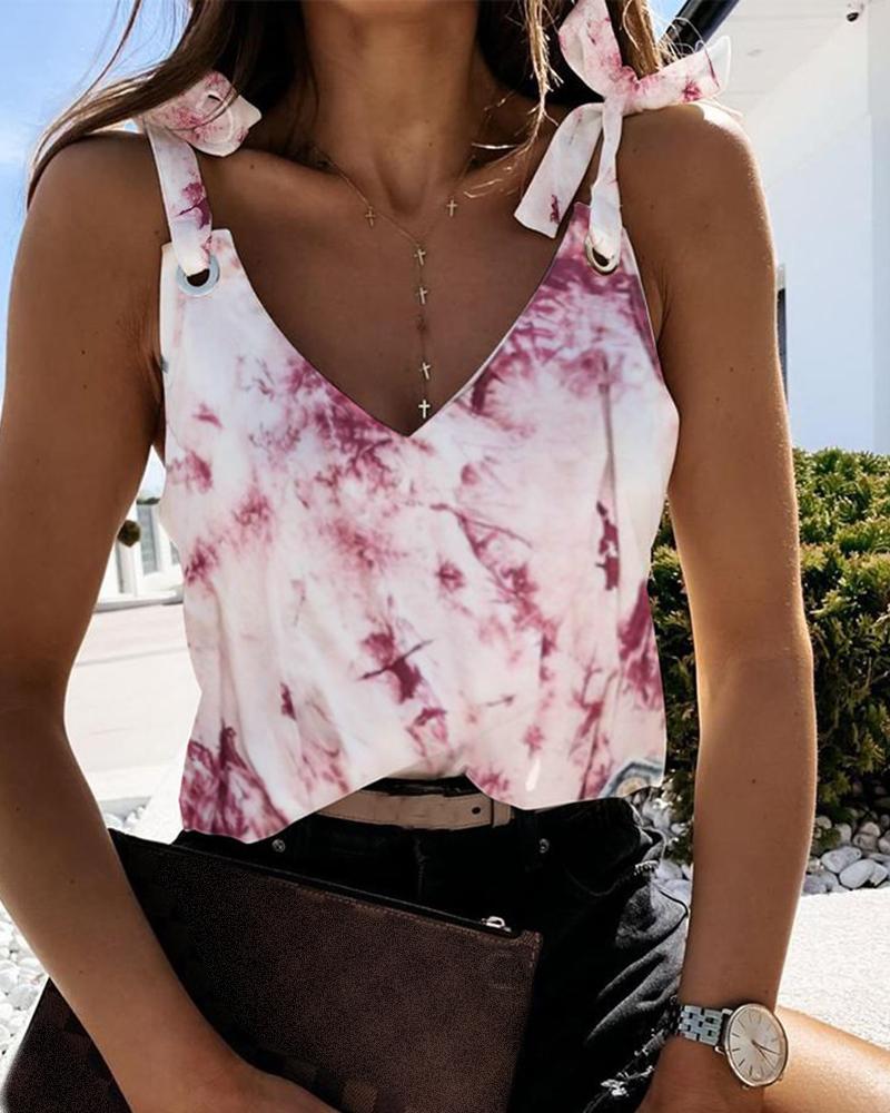 

Tie Dye Print V-neck Eyelet Design Top, Light pink