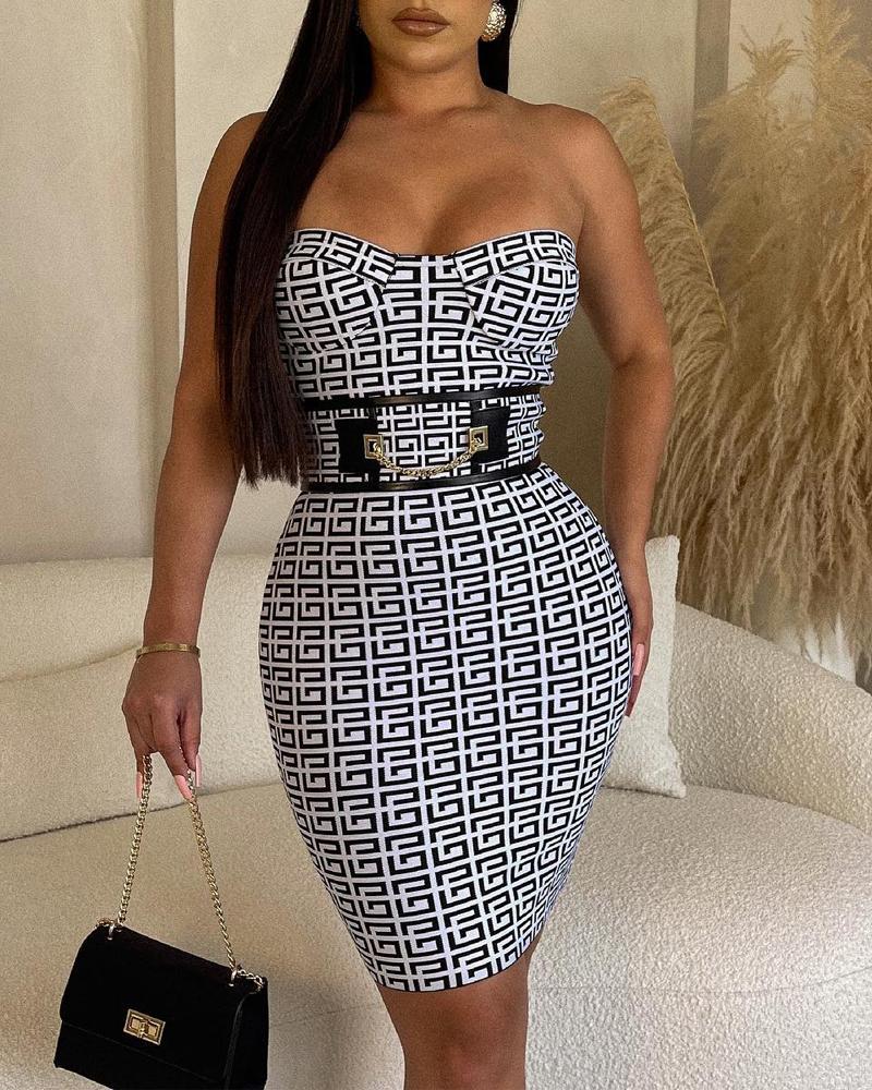 

Geometric Print Bandeau Mini Dress, Blackwhite