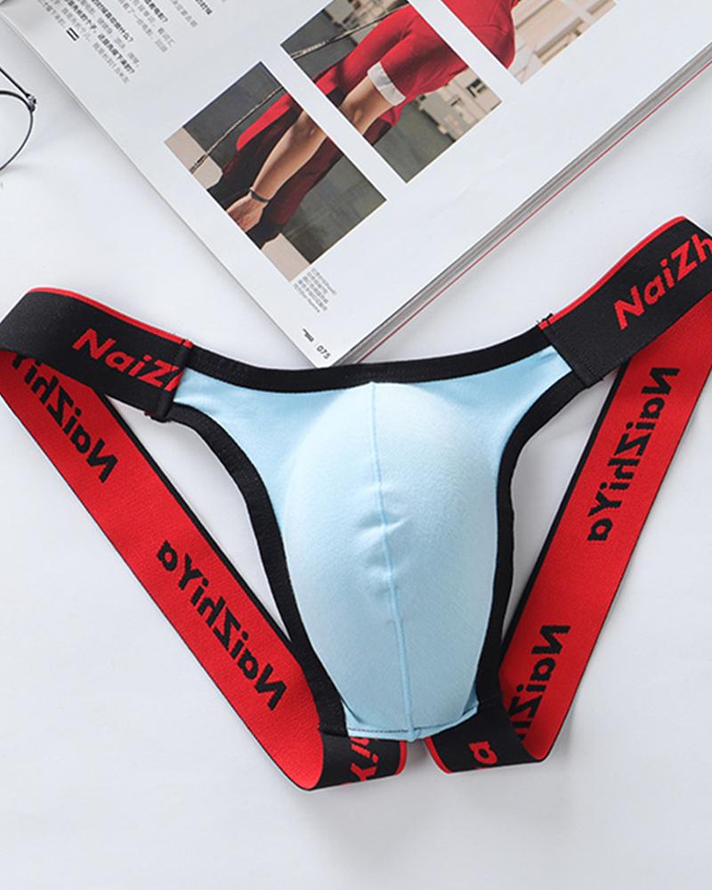

Color Block Splicing Letter Print Skinny Breathable Thong Underpants, Lighted blue