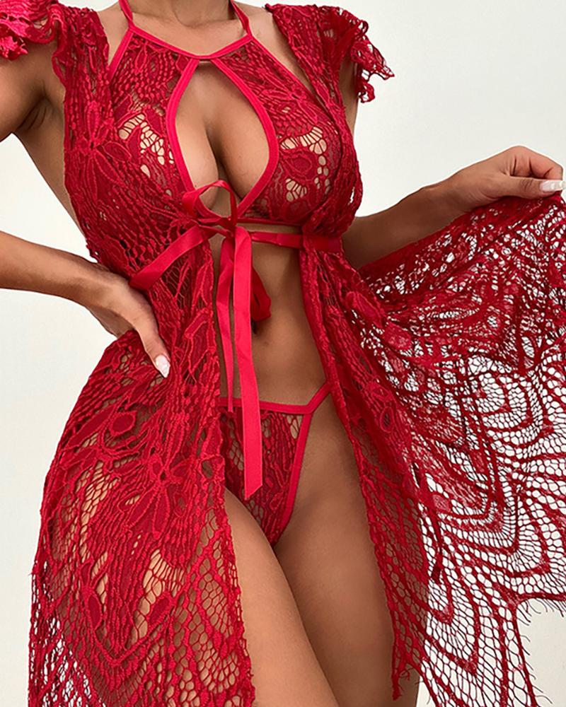 

Guipure Lace Tied Detail Cutout Lingerie Set, Red