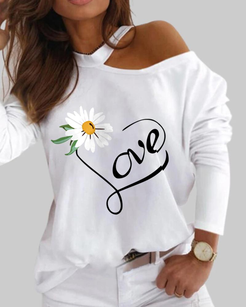 

Valentine' Day Letter Daisy Print Cold Shoulder Top, White