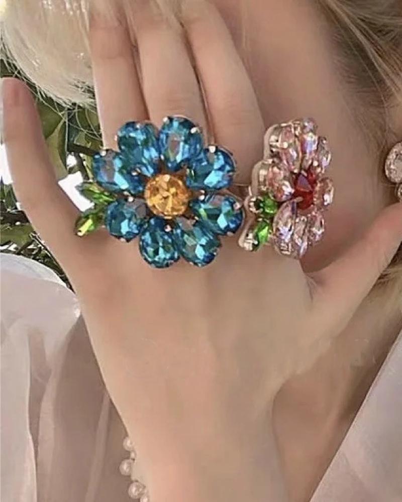 

1pcs Floral Shaped Colorful Rhinestone Ring, Pink