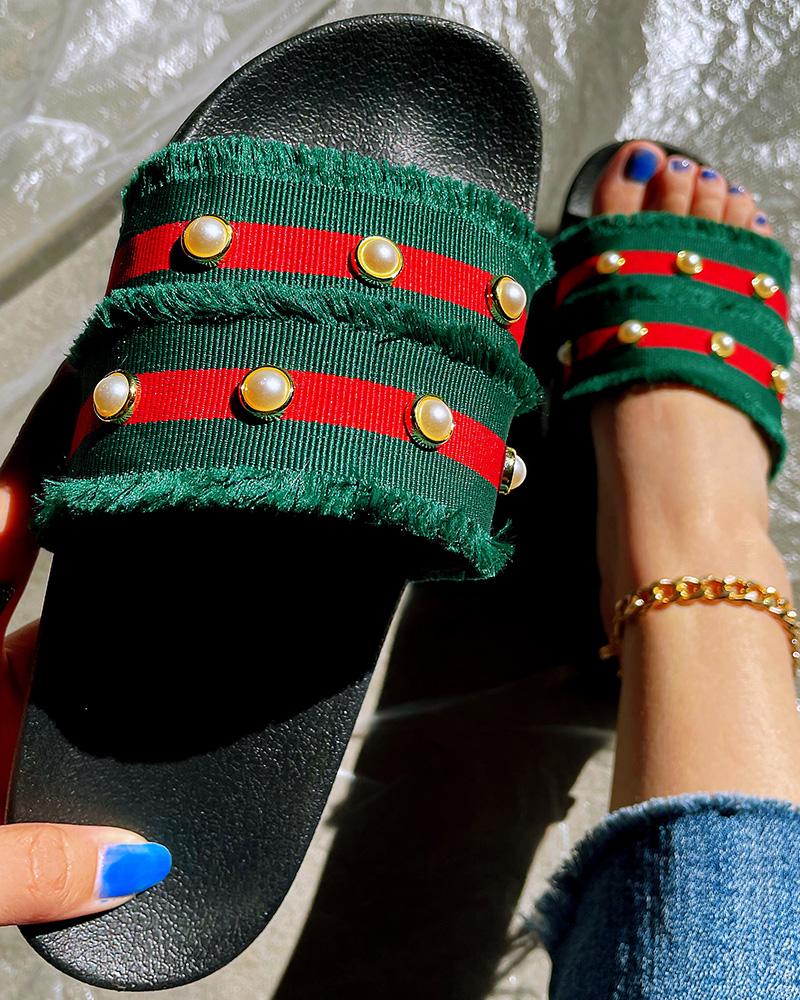 

One Strap Tassel Studded Slippers, Green