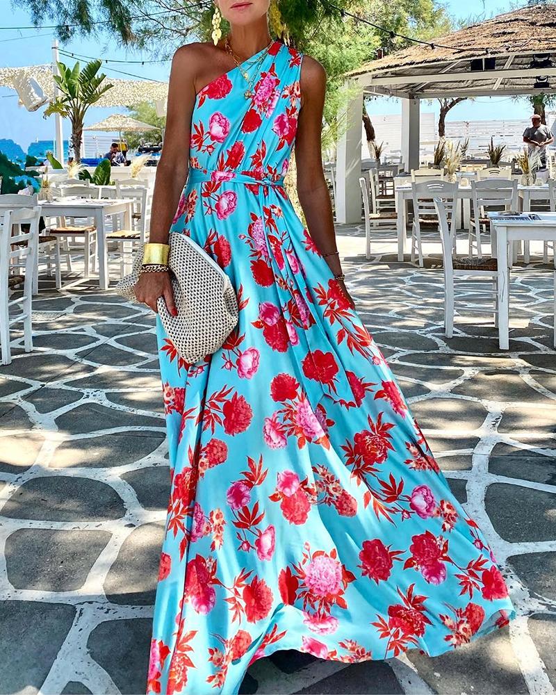 

Floral Print Ruched One Shoulder Maxi Dress, Blue
