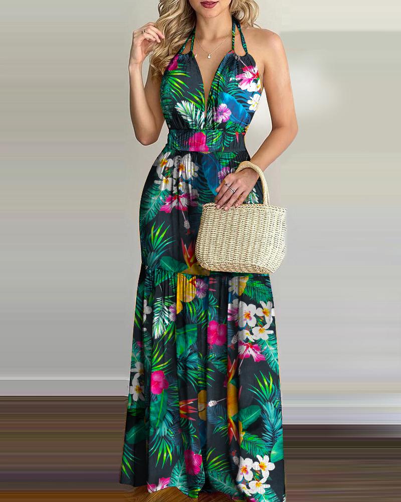 

Tropical Print Halter Backless Maxi Dress, Multicolor