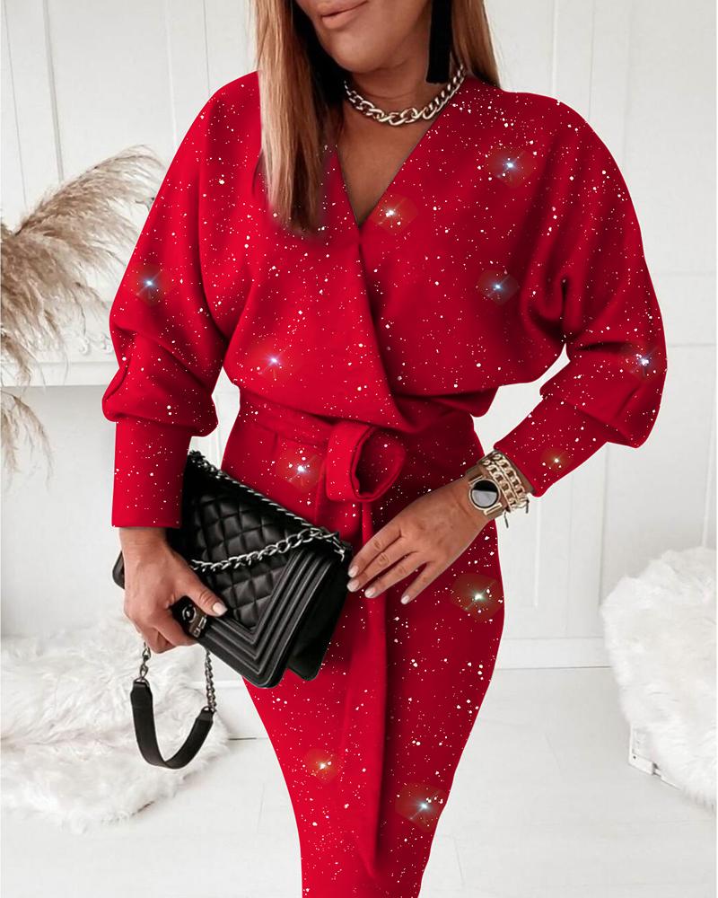 

Glitter Lantern Sleeve Belted Wrap Sweatshirt Dress, Red