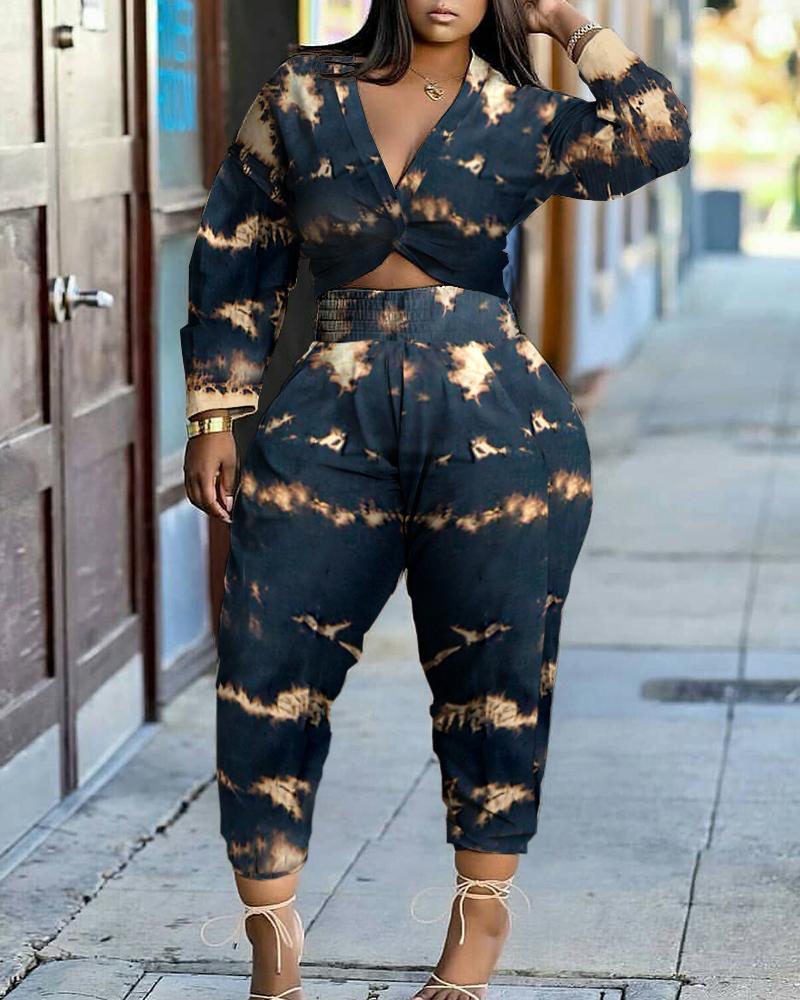 

Tie Dye Print Twisted Top & Shirred Pants Set, Brown