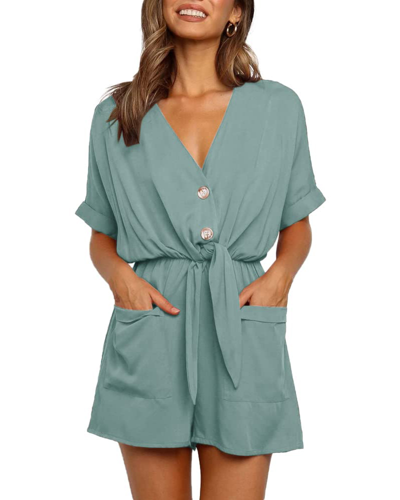 

V-Neck Pocket Design Tied Detail Romper, Blue