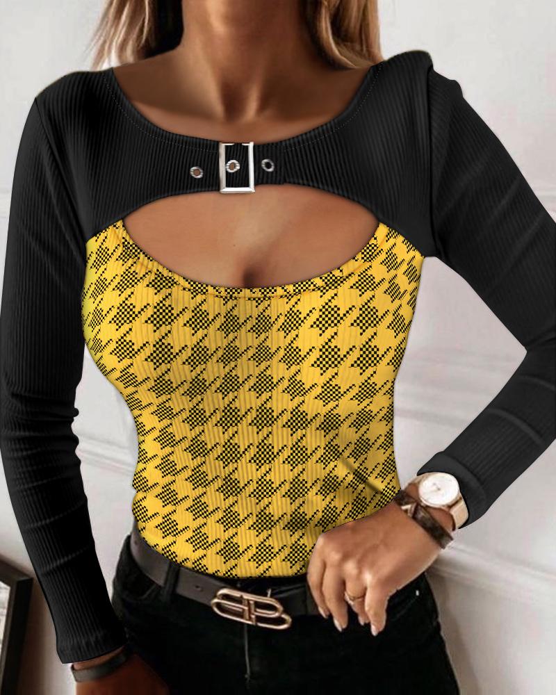 

Houndstooth Print Buckle Detail Cutout Ribbed Top, Black