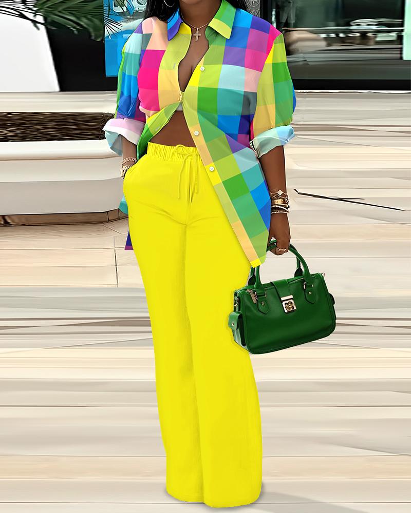 

Colorful Plaid Print Buttoned Shirt & Pants Set, Multicolor