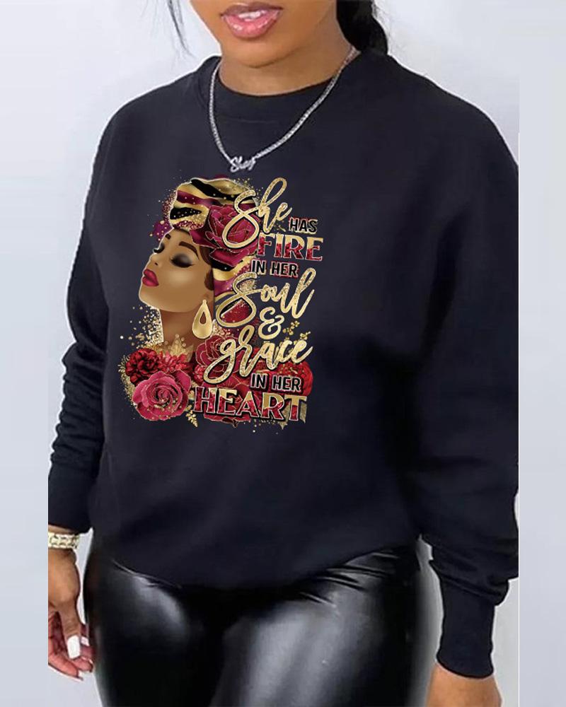 

Plus Size Figure Letter Print Long Sleeve Sweatshirt, Black