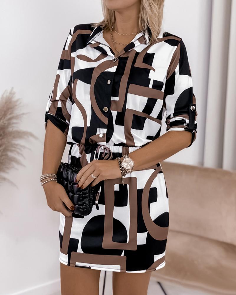 

Abstract Print Turn-down Collar Drawstring Casual Dress, Dark brown