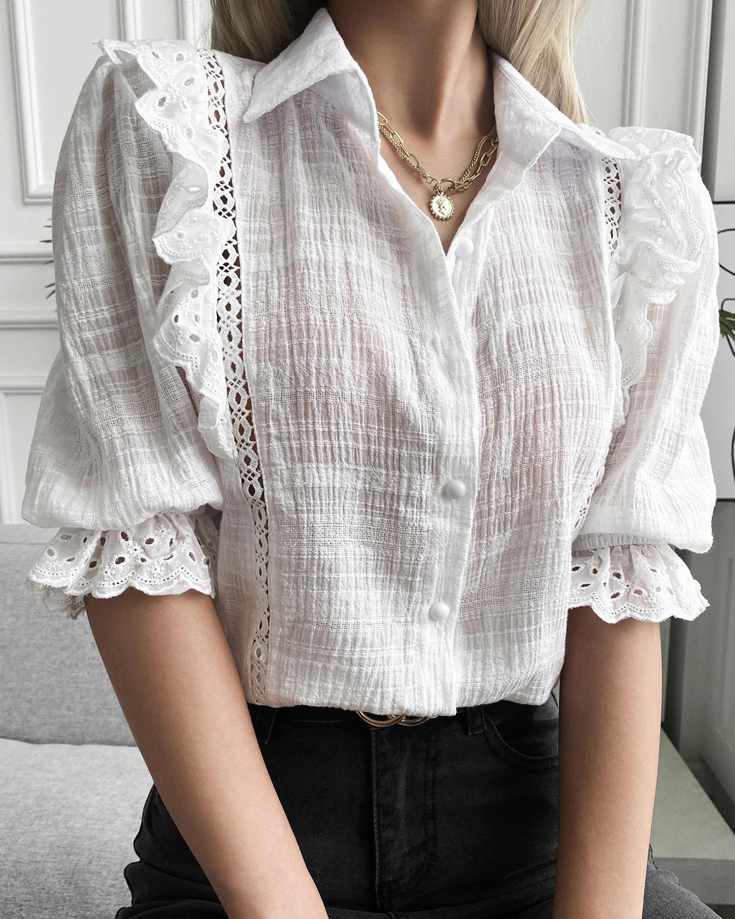 

Eyelet Embroidery Button Front Ruffles Lace Top, White