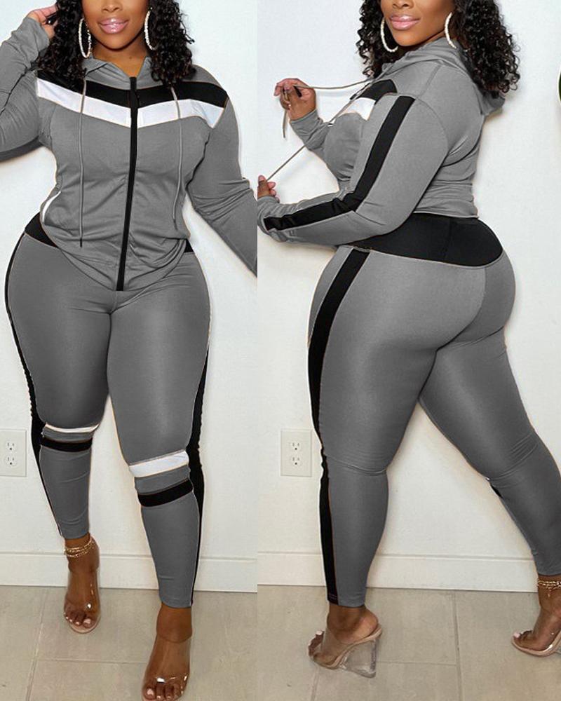 

Contrast Paneled Zip Up Hooded Top & Pants Set, Gray