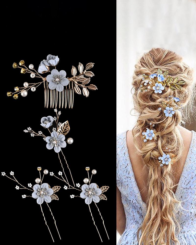 

4pcs Leaf Floral Pearl Hairpin Wedding Bridal Hair Accessories Set, Style1