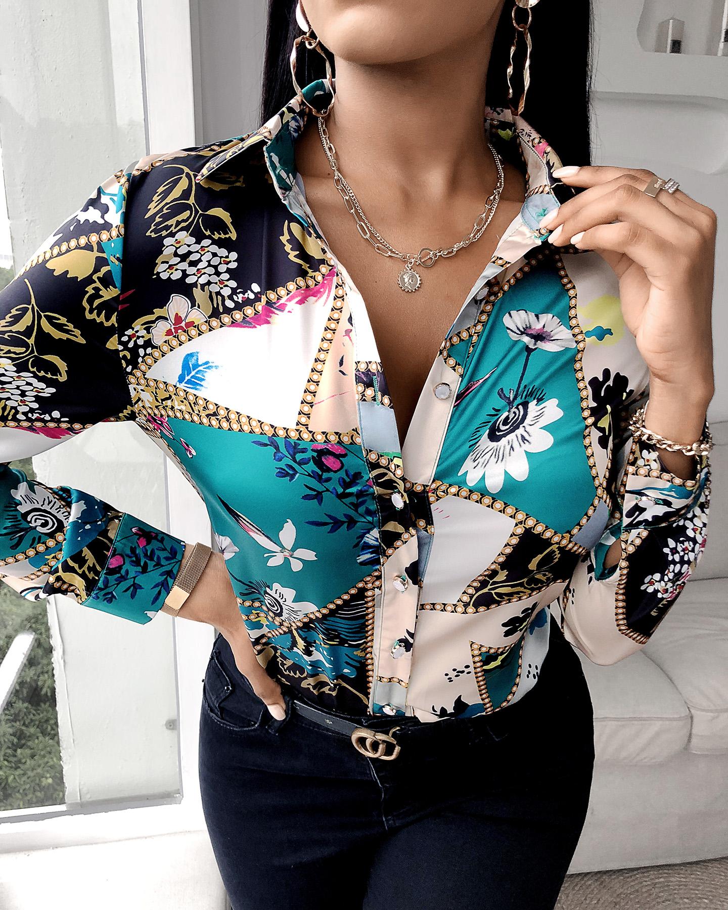 

Floral Scarf Print Button Design Shirt, Blue