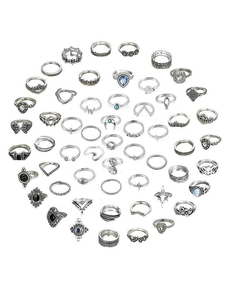 

56PCS Rhinestone Decor Ring Set, Silver