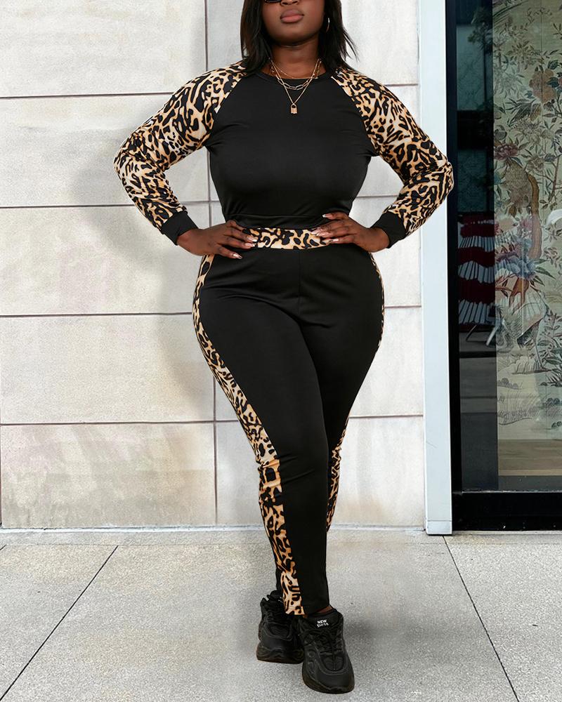 

Plus Size Contrast Leopard Long Sleeve Top & Pants Set, Black