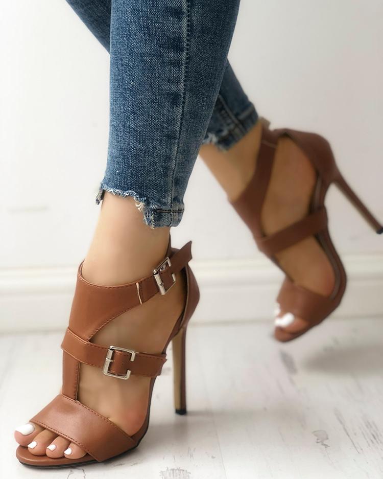 

Solid Open Toe Ankle Strap Thin Heeled Sandals, Brown