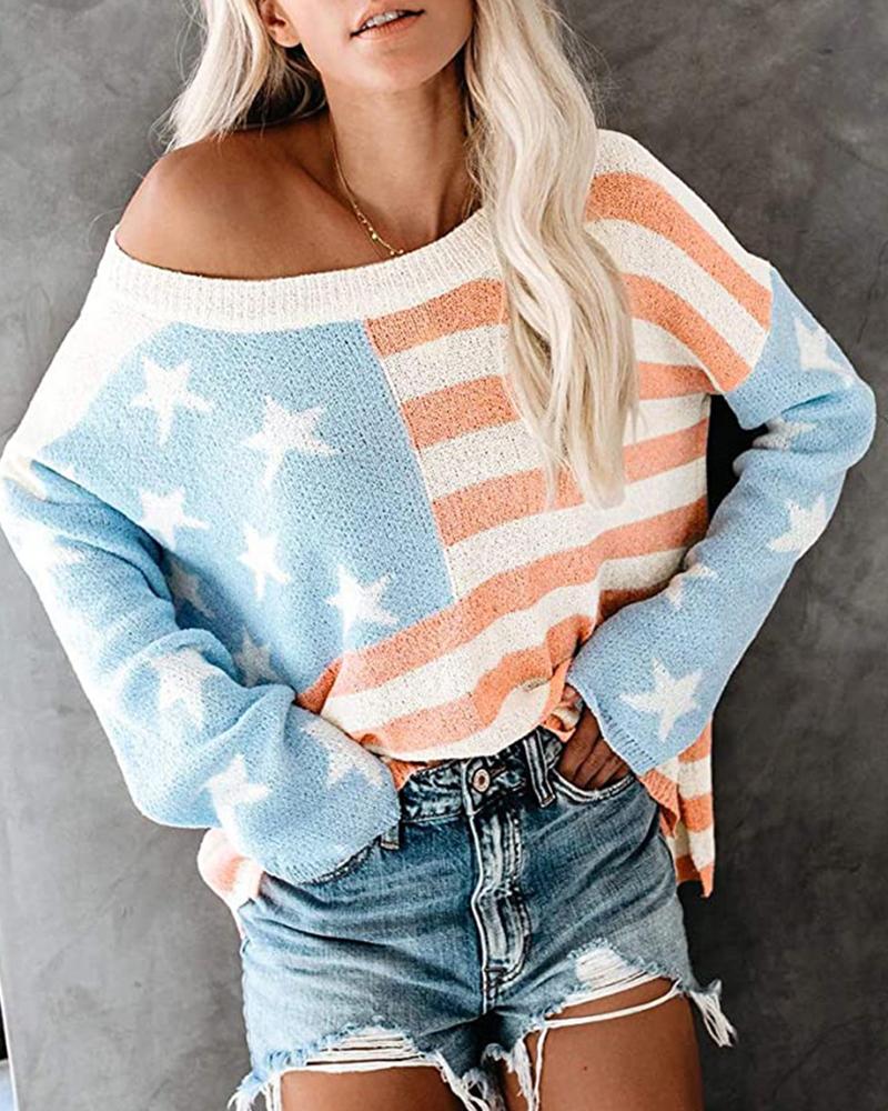 

One Shoulder Pentagram Stripes Knit, Lighted blue