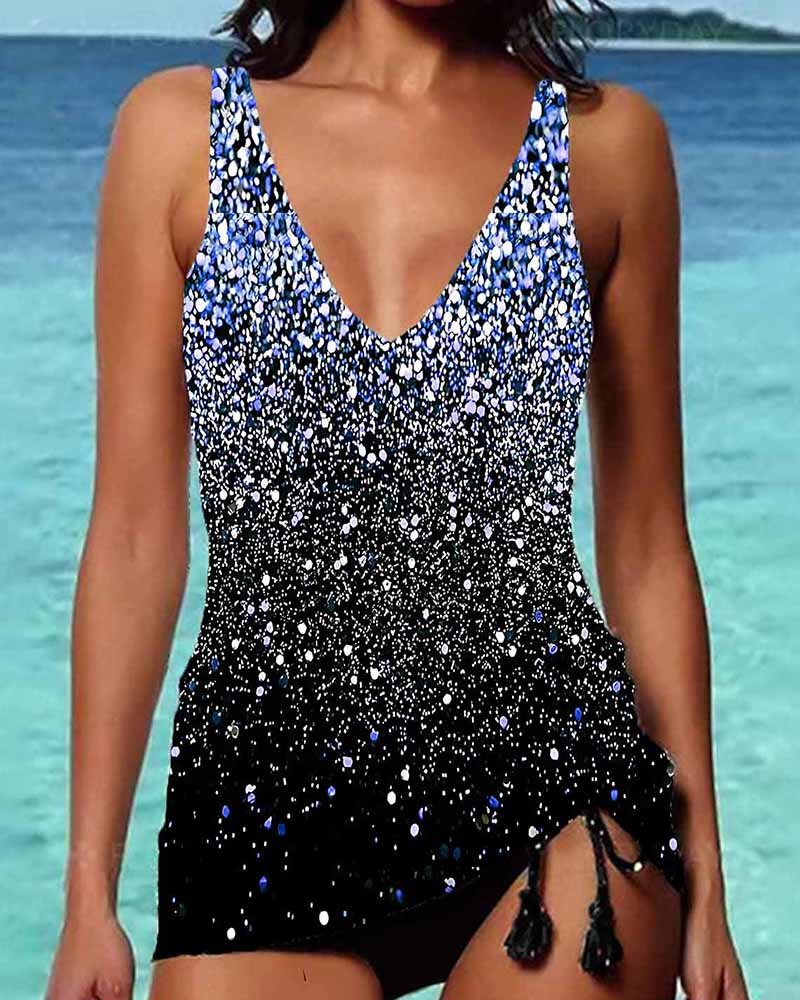 

Drawstring Print Ombre V-Neck Tankini Set, Blue