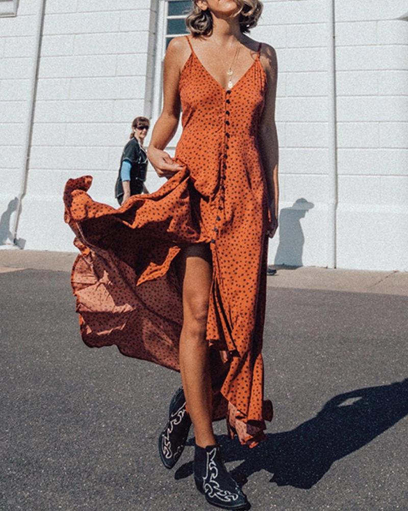 

Print Ruffles Spaghetti Strap Maxi Dress, Orange
