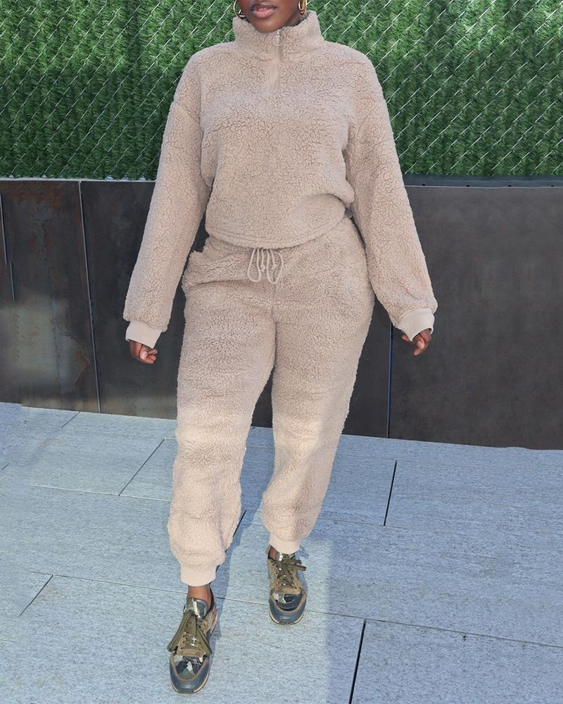

Long Sleeve Zip Detail Fluffy Top & Pants Set, Apricot