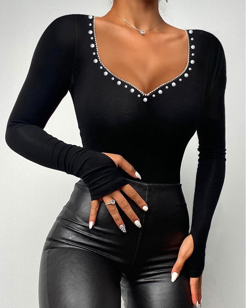 

Beaded Decor Long Sleeve Top, Black