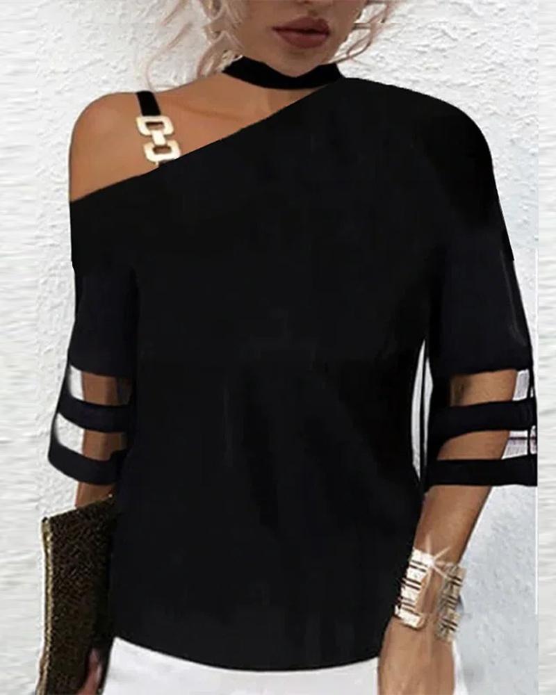 

Chain Strap Cold Shoulder Contrast Mesh Top, Black