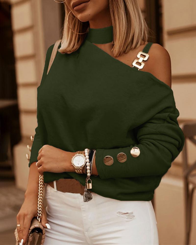 

Chain Strap Cold Shoulder Button Decor Top, Army green
