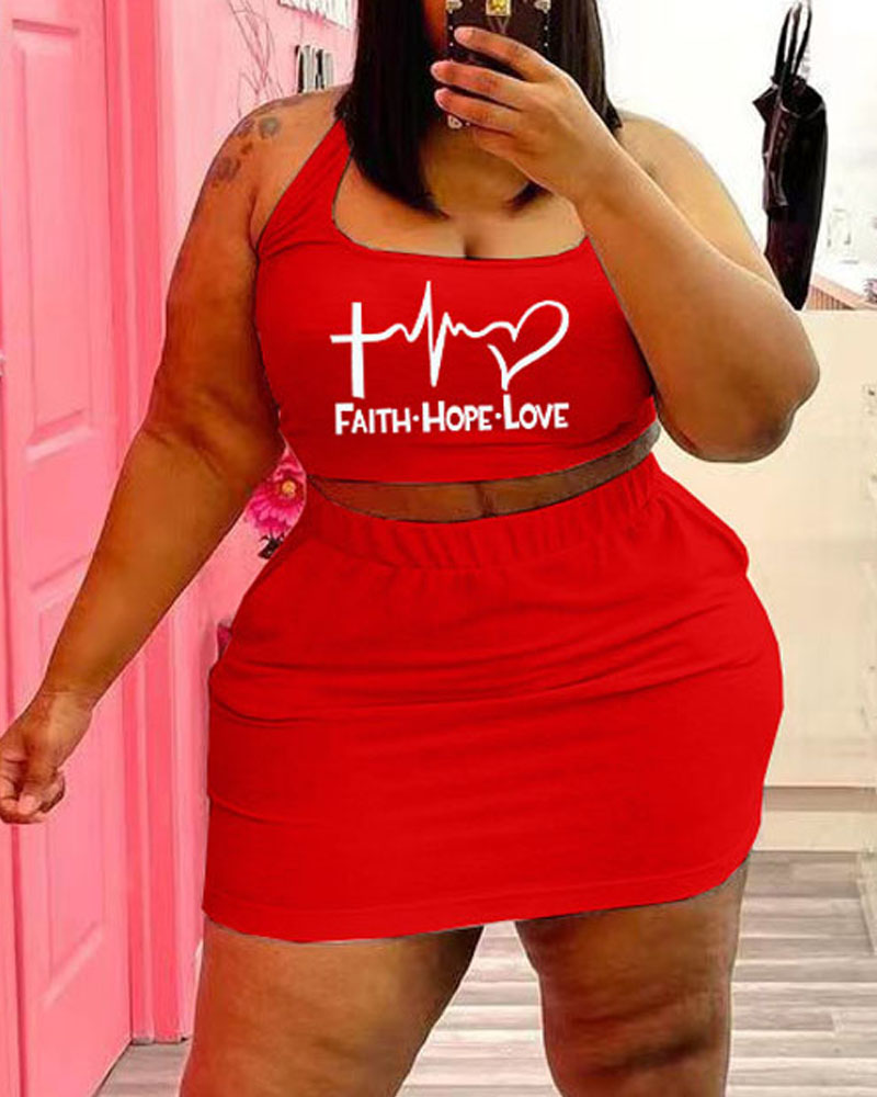 

Letter Heart Print Crop Tank Top & Skirt Set, Red