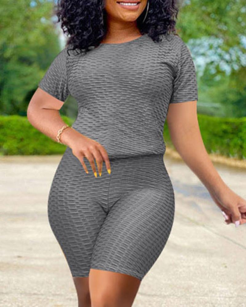 

Bubble Textured Short Sleeve Butt Lifting Active Sets, Gray