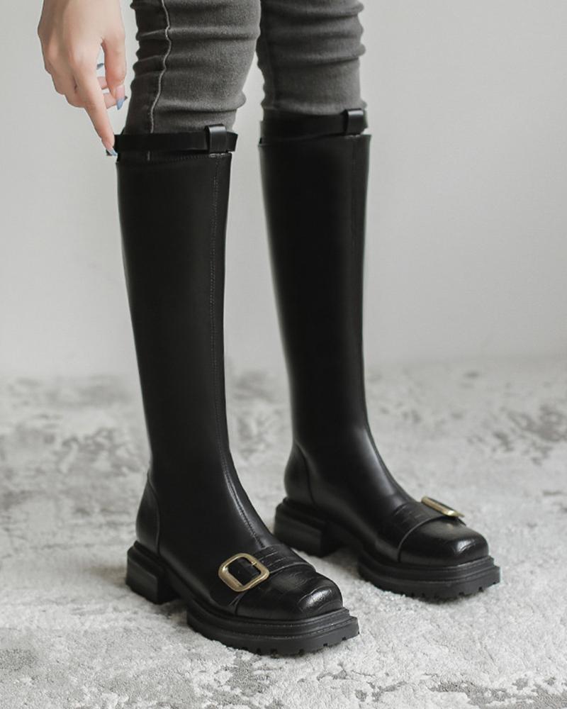 

Square Toe One Strap High Boots, Black