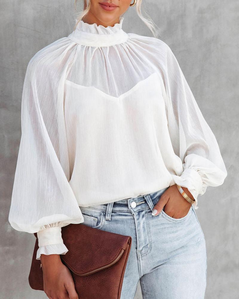 

Lantern Sleeve Frill Hem Top, White