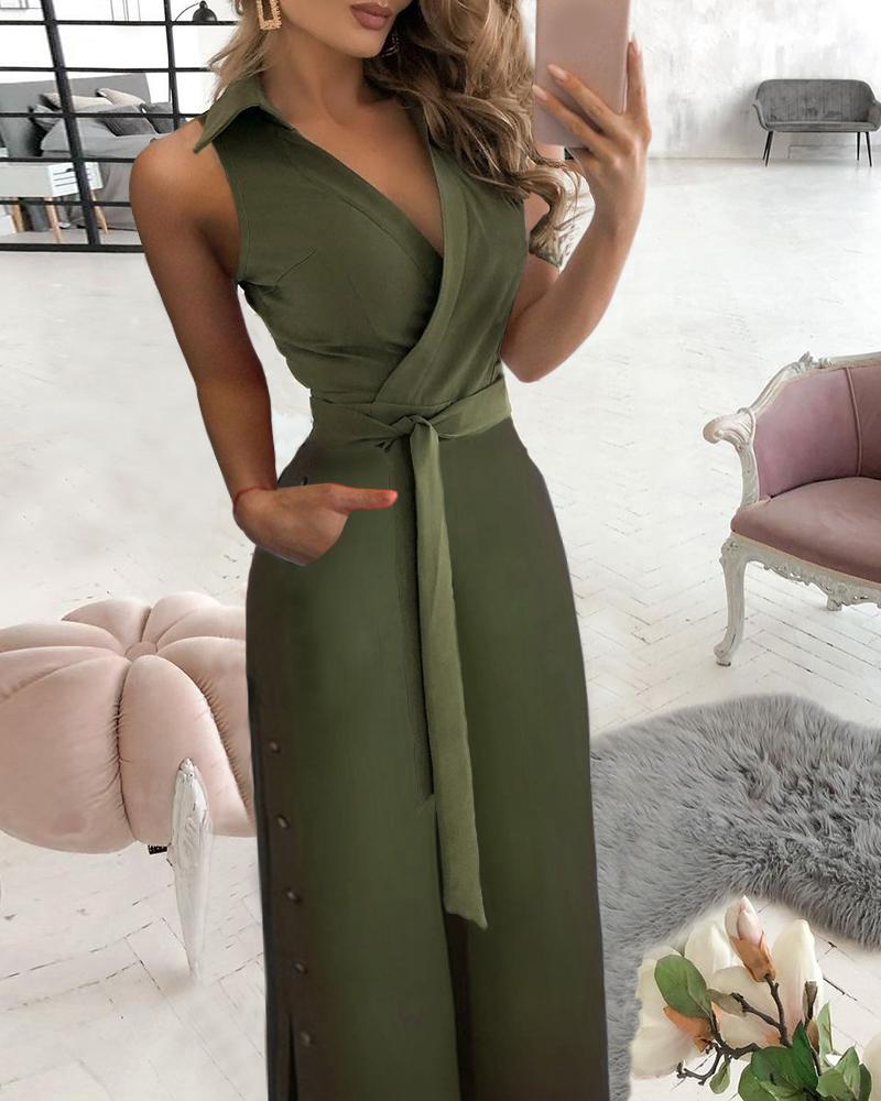 

Buttoned Pocket Design Tied Detail Slit Jumpsuit, Army green