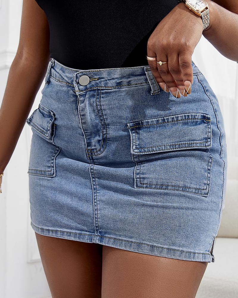 

Pocket Design High Waist Denim Skorts, Blue