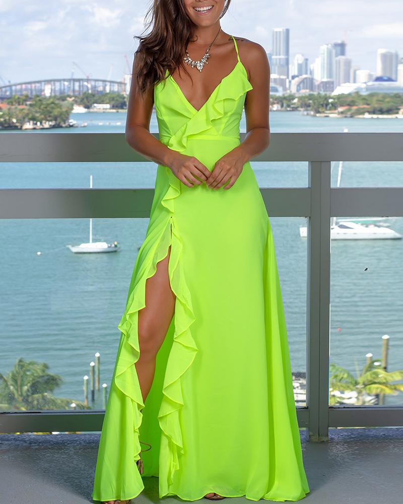 

Plunge Ruffle Hem Slit Maxi Dress, Lvs green