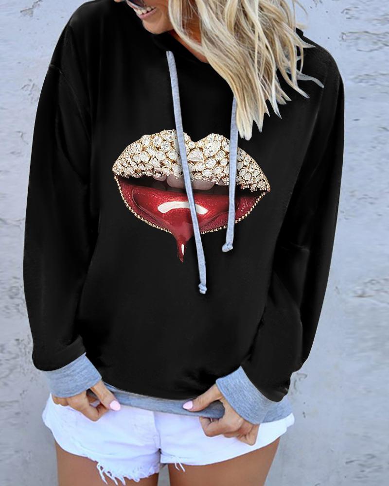 

Lip Print Colorblock Casual Hooded Sweatshirt, Black