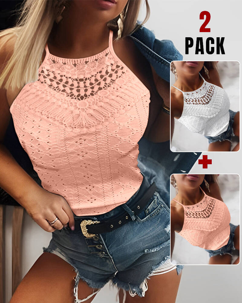 

2 peças Halter Lace Up Water Soluble Lace Trim sem mangas Tank Jacquard Casual Slim Fit Knit Top, Style4