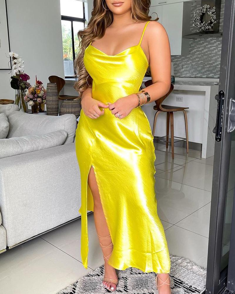 

Satin Cowl Neck Sleeveless High Slit Maxi Dress, Yellow