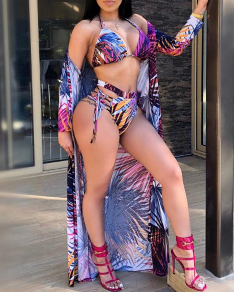 

3PCS Print Halter Bikini Swimsuit Cover Ups, Purple