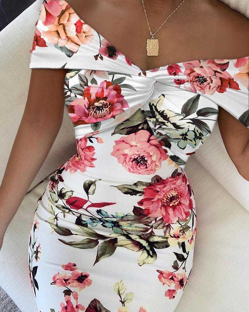 

Floral Print Twisted Off Shoulder Bodycon Dress, White