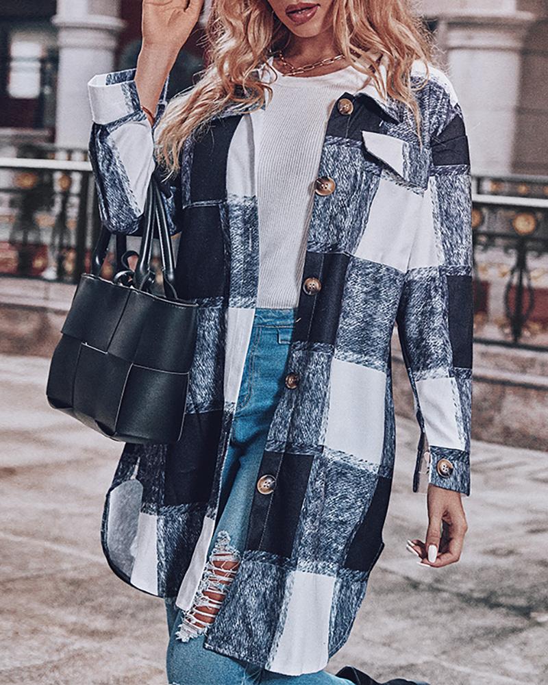 

Plaid Flap Detail Drop Shoulder Button Up Shacket, Black